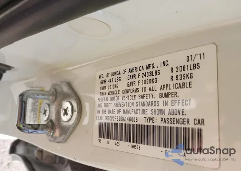 2011 Honda Accord z USA, uszkodzony, nr VIN 1HGCP2F89BA146008